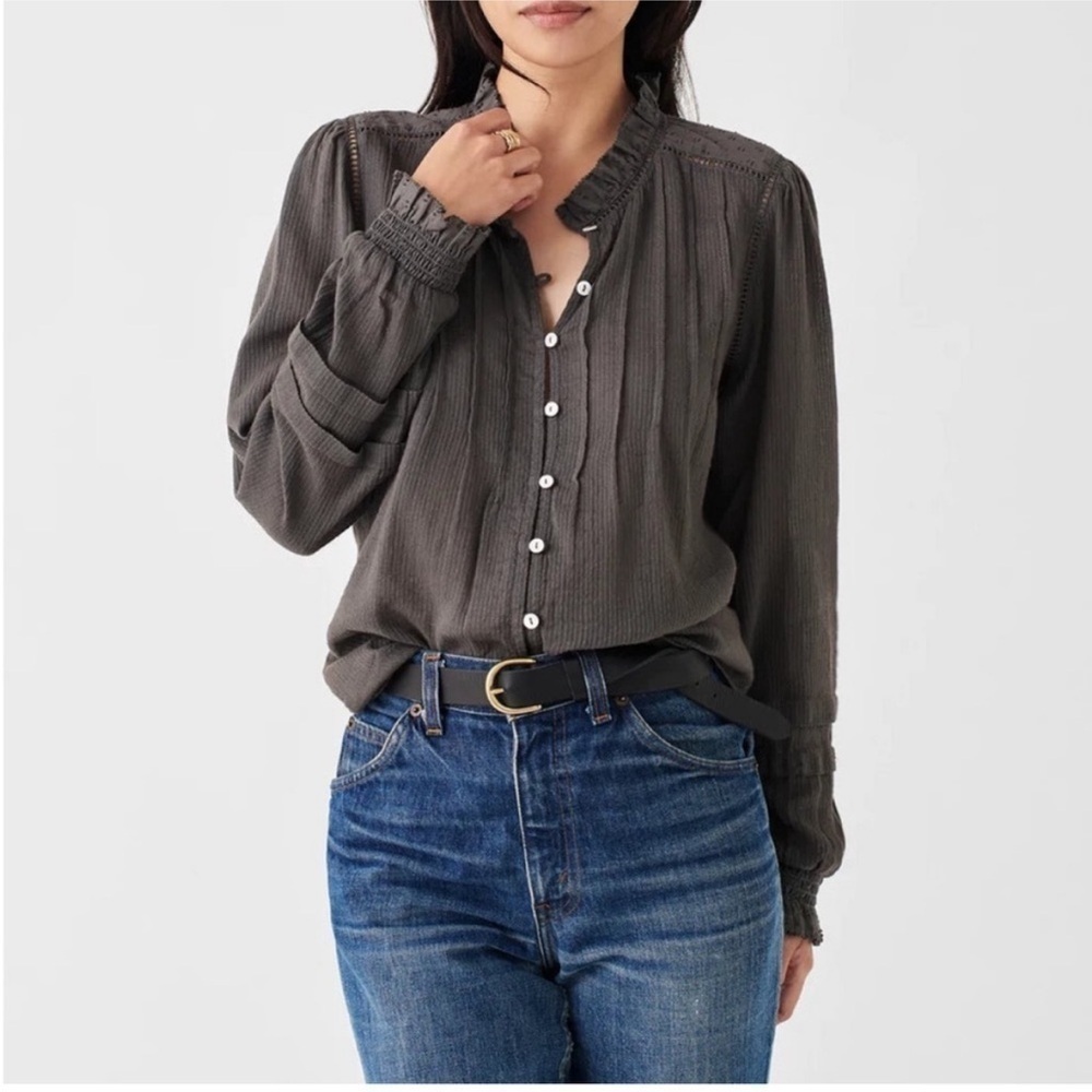 Faherty Willa Front Button Peasant Blouse in Faded Black Organic Cotton